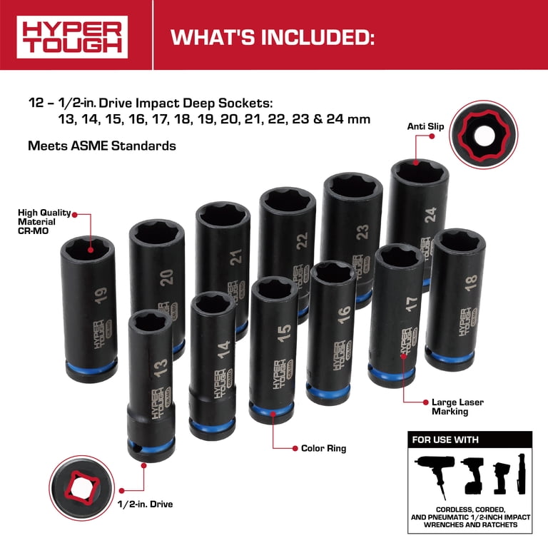 Hyper Tough 1/2-Inch Drive Impact Deep Socket Set, Metric, 12