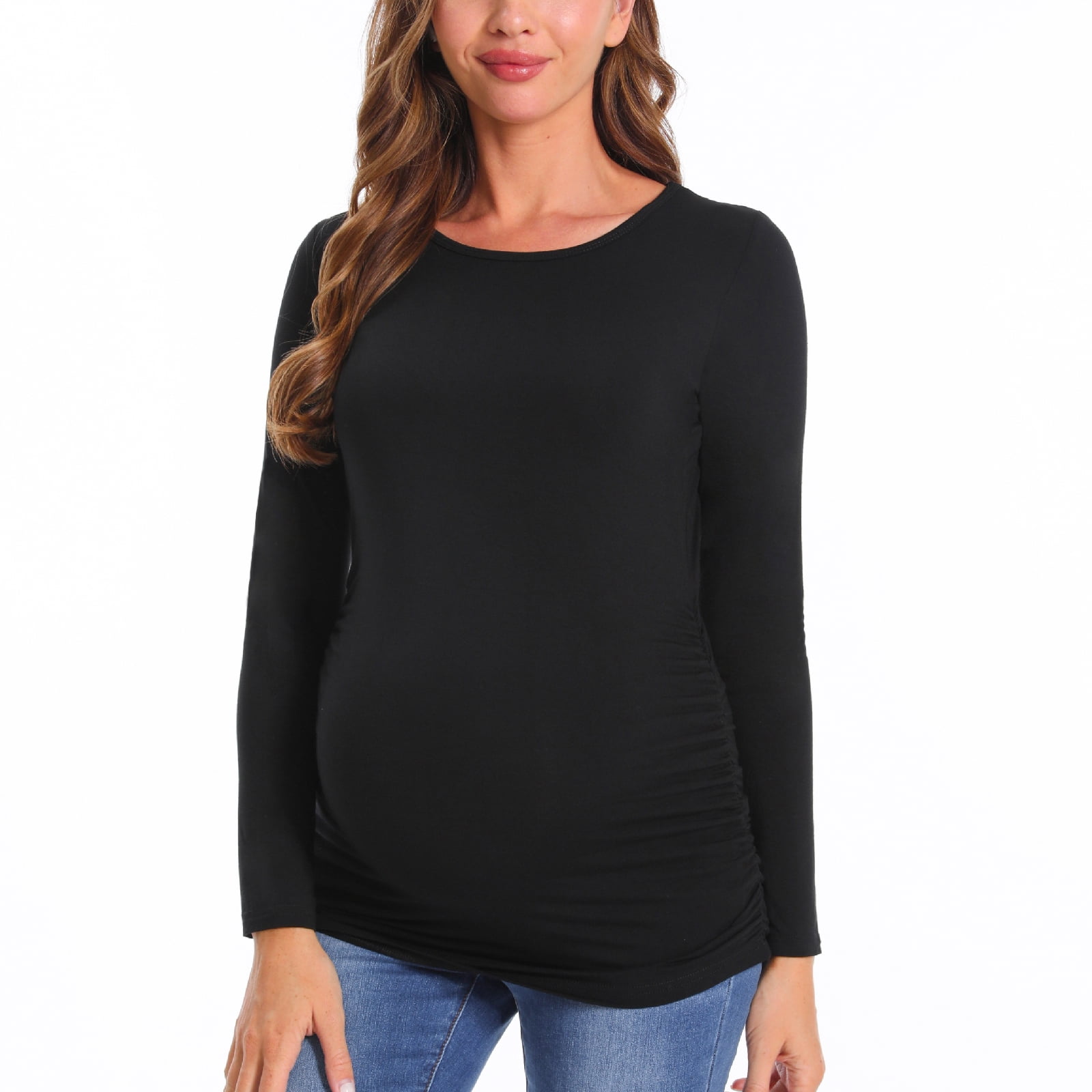 Bearsland Women's Long Sleeve Maternity Shirts Casual Tunic Side Ruched Tops Pregnancy Clothes 3-Pack