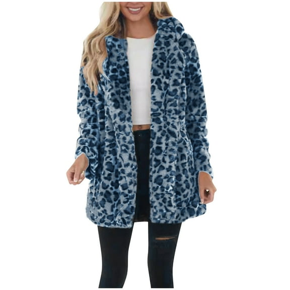 Felirenzacia Womens Faux Fur Leopard Cardigan Fuzzy Jacket Winter Open Front Fleece Coat Eco Fur Outwear with Pockets