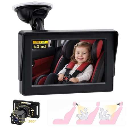 HDJ Baby Car Camera, 4.3" HD Night Vision Function Car Mirror Display, 360° Adjustable Safety Car Seat Mirror Camera Monitored Mirror with Wide Clear View