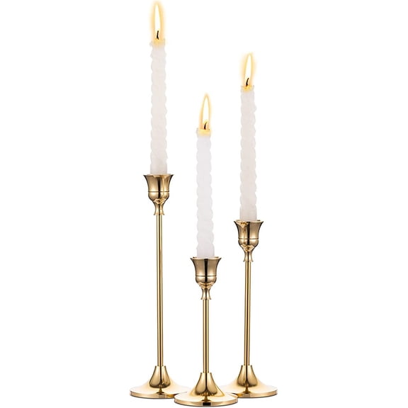 3 Pcs Brushed Brass Gold Candlestick Holders Set Vintage Metal Taper Candle Stand for Desk Shelf Decor