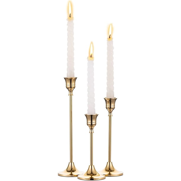 Juego de 3 soportes para velas cónicas, juego de 3 portavelas de latón, juego de portavelas de latón dorado, centro de mesa decorativo, moderno, moderno, para decoración de mesa, mantel de boda,
