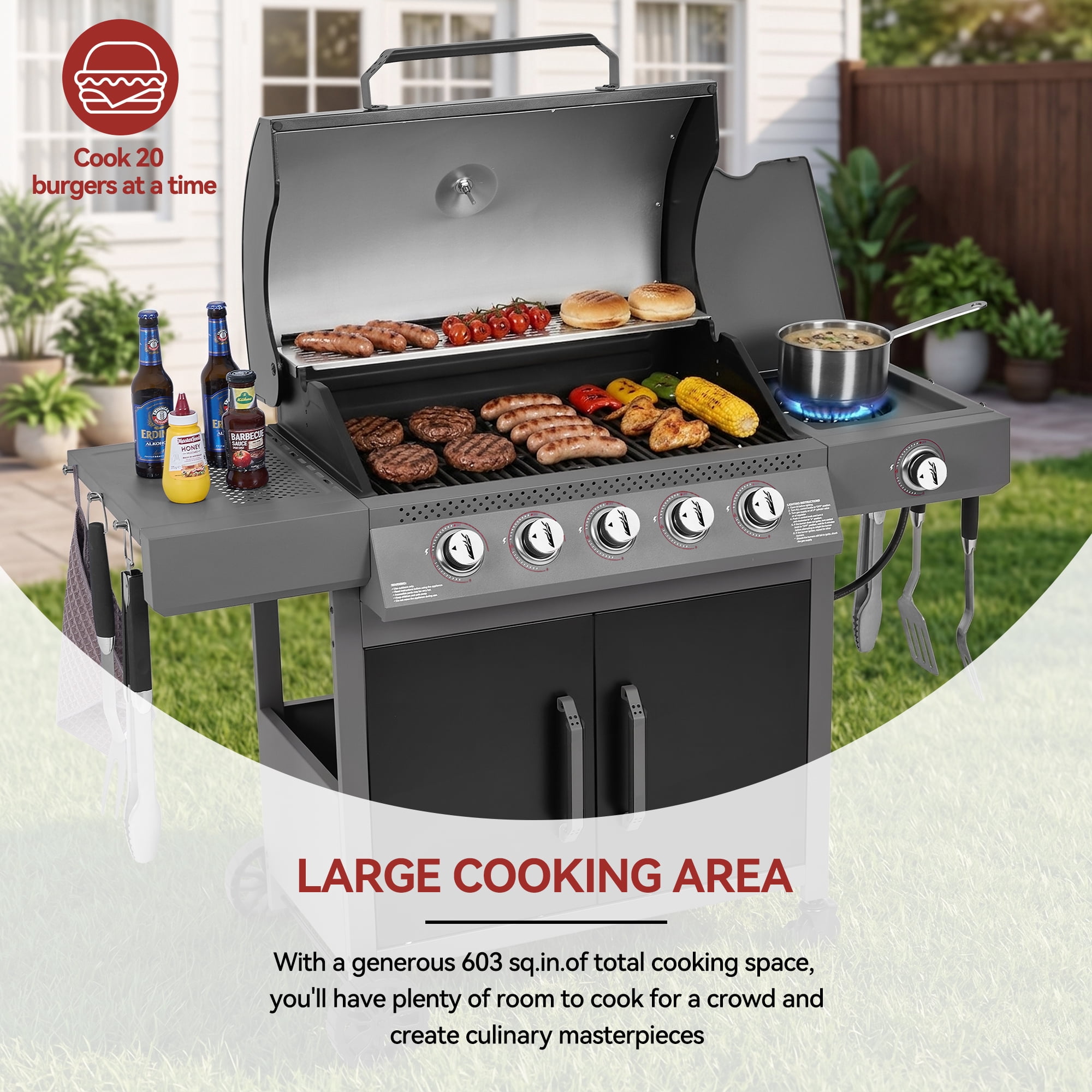 Royal Gourmet GE5001H 5-Burner Gas Grill with Side Burner for Backyard Cooking, Black