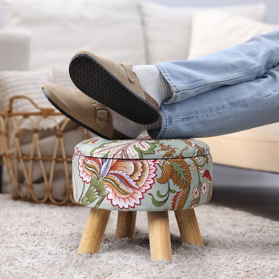 Bohemian Floral Ottoman Stool with Storage, Round Footrest Pouf with Wooden Legs, Vintage Print Stool for Living Room, Dorm, Apartment, 330lbs Capacity