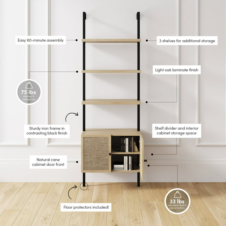 Nathan James Theo Open Shelf Bookcase with Rattan Drawers in Light
