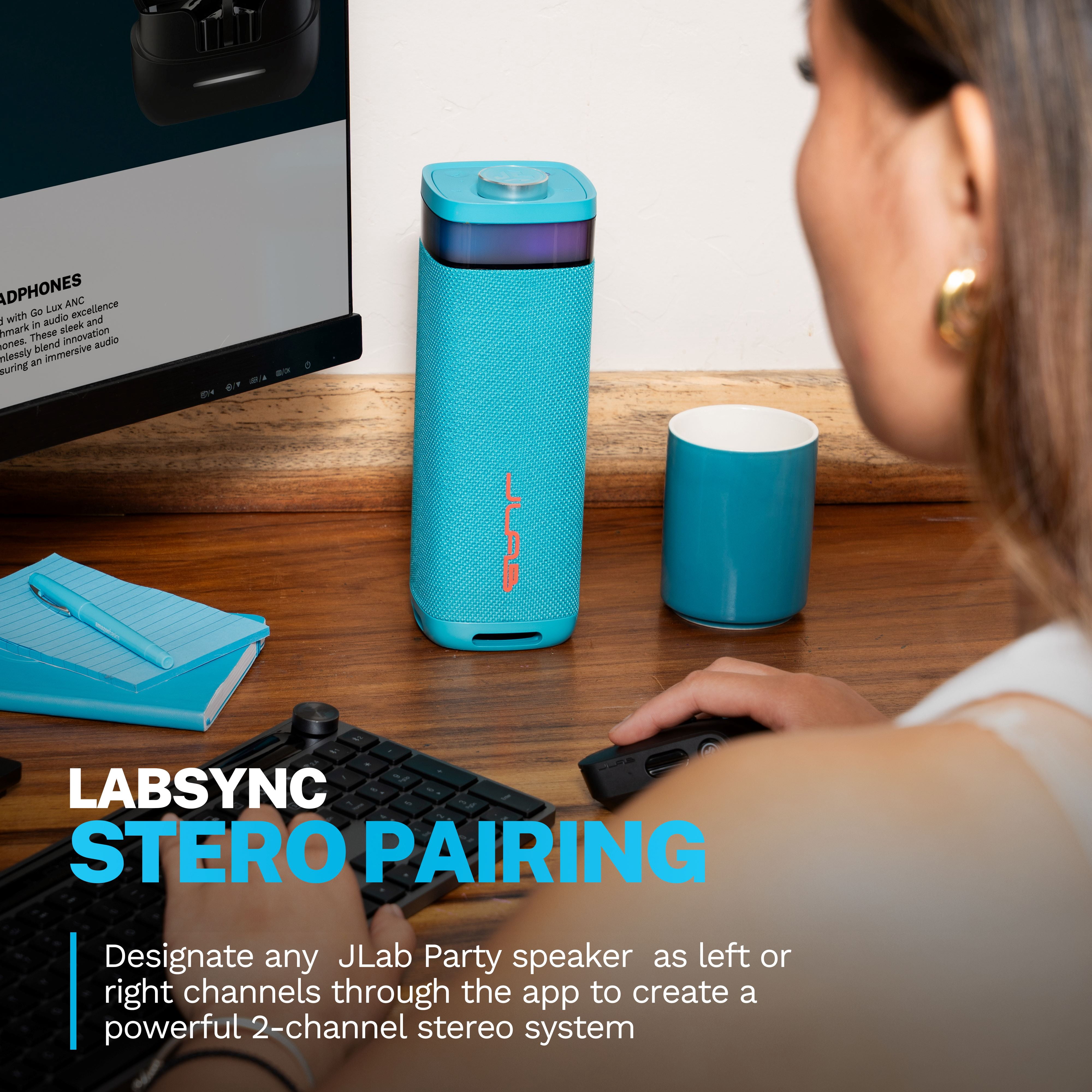 JLab JBuds Party Portable Bluetooth Speaker, 30W, 12 Hour Playtime, RGB Lighting, Splashproof, Navy