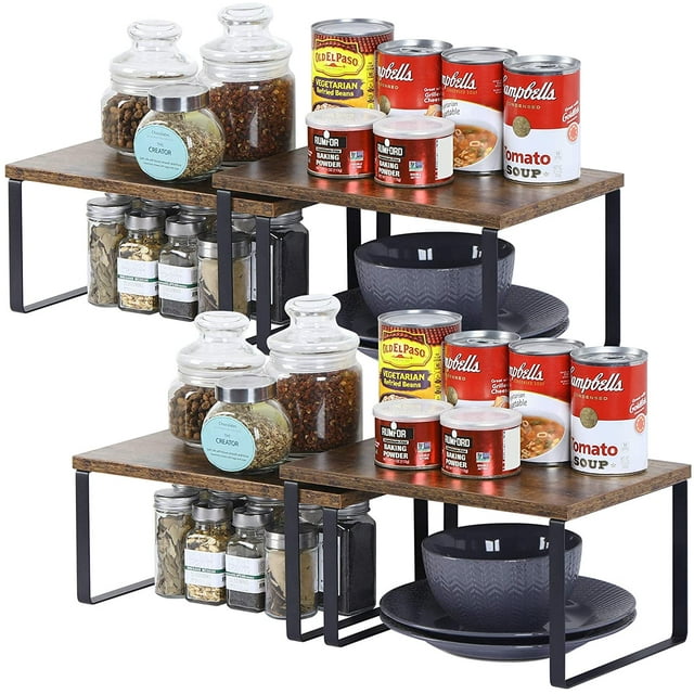 Set of 4 Stackable & Expandable Wood Kitchen Shelf Organizer Vintage Brown Racks
