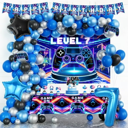 Costova Video Game PriNst Birthday Decorations - 102 PCs Game Birthday Party Supplies with Backdrop, Tablecloth, Banner, Balloon Garland, Cake Topper, Number 7 Foil Balloon, Cupcake Toppers
