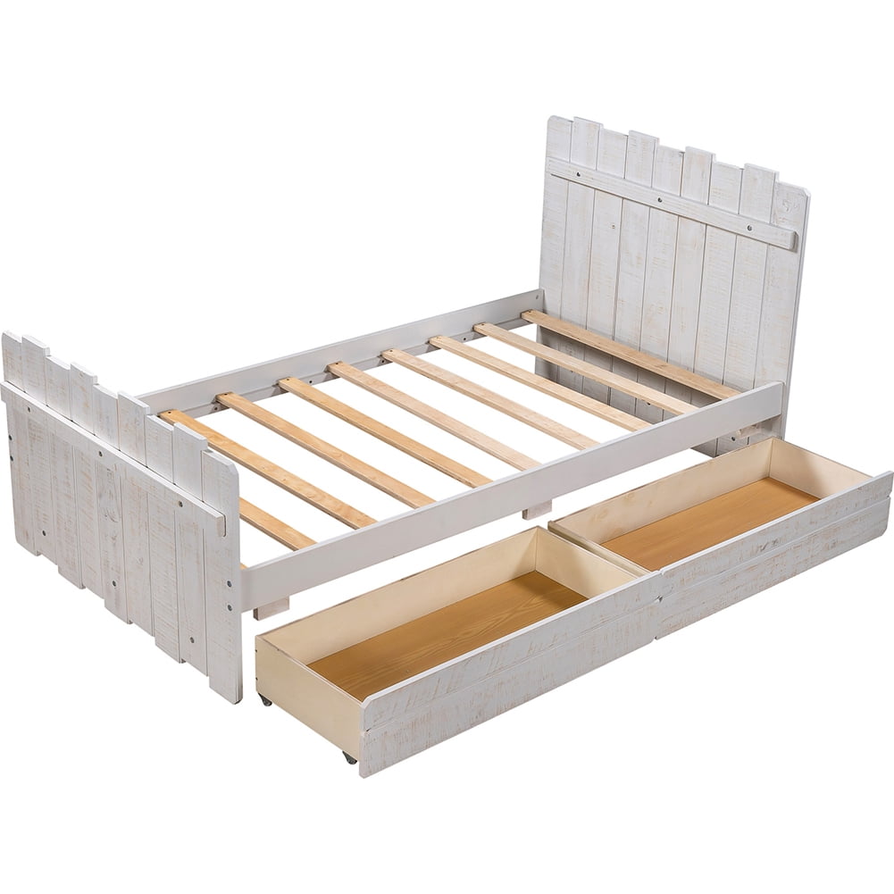 Lowestbest Vintage Wood Twin Platform Bed Frame with Headboard and Footboard, White Lowestbest Vintage Wood Twin Platform Bed Frame with Headboard and Footboard, White