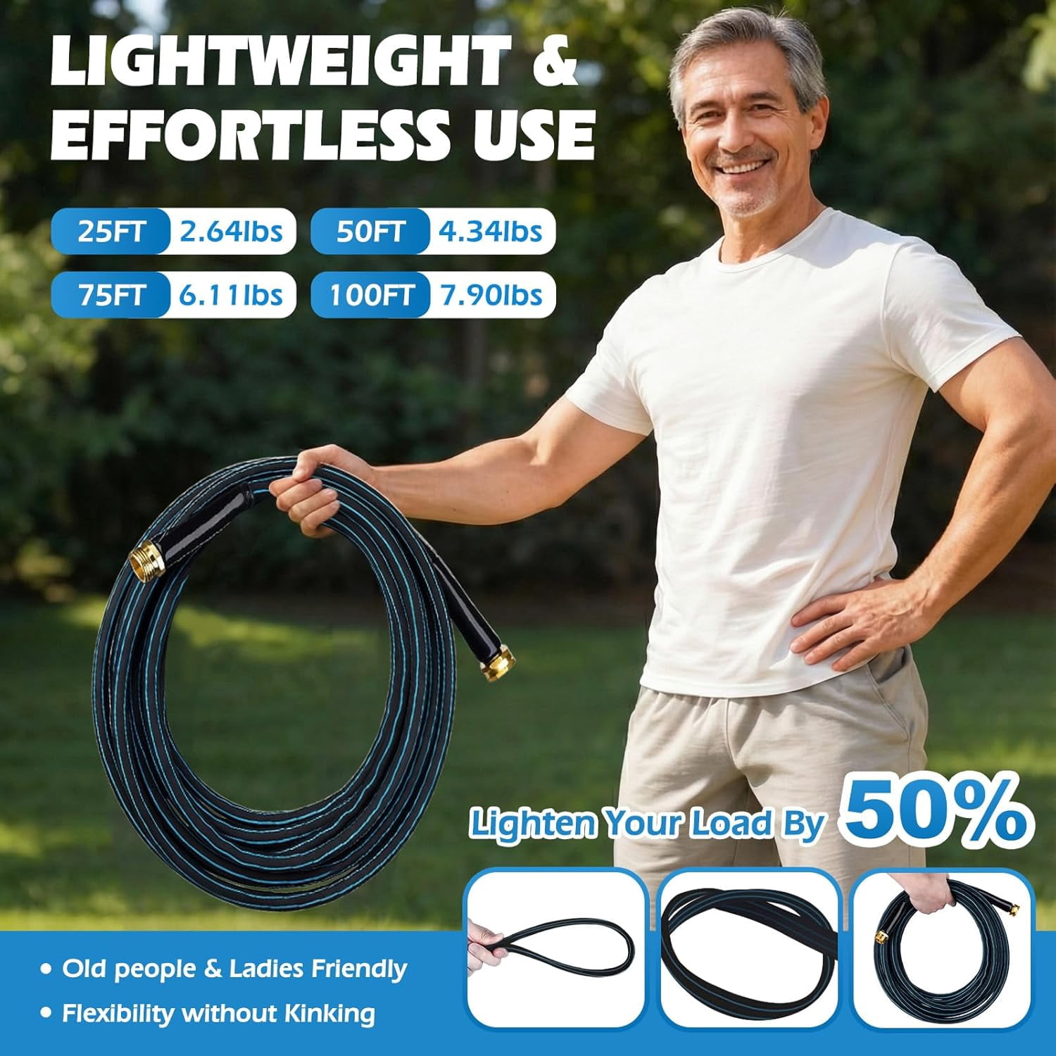 Non-Expanding Garden Hose 25FT with 10-Pattern Nozzle, Lightweight Flexible Water Hose Kink-Resistant, Brass 3/4'' Fittings & Sealing Washers, for Yard Lawn Garden Car Wash Pet Bathing