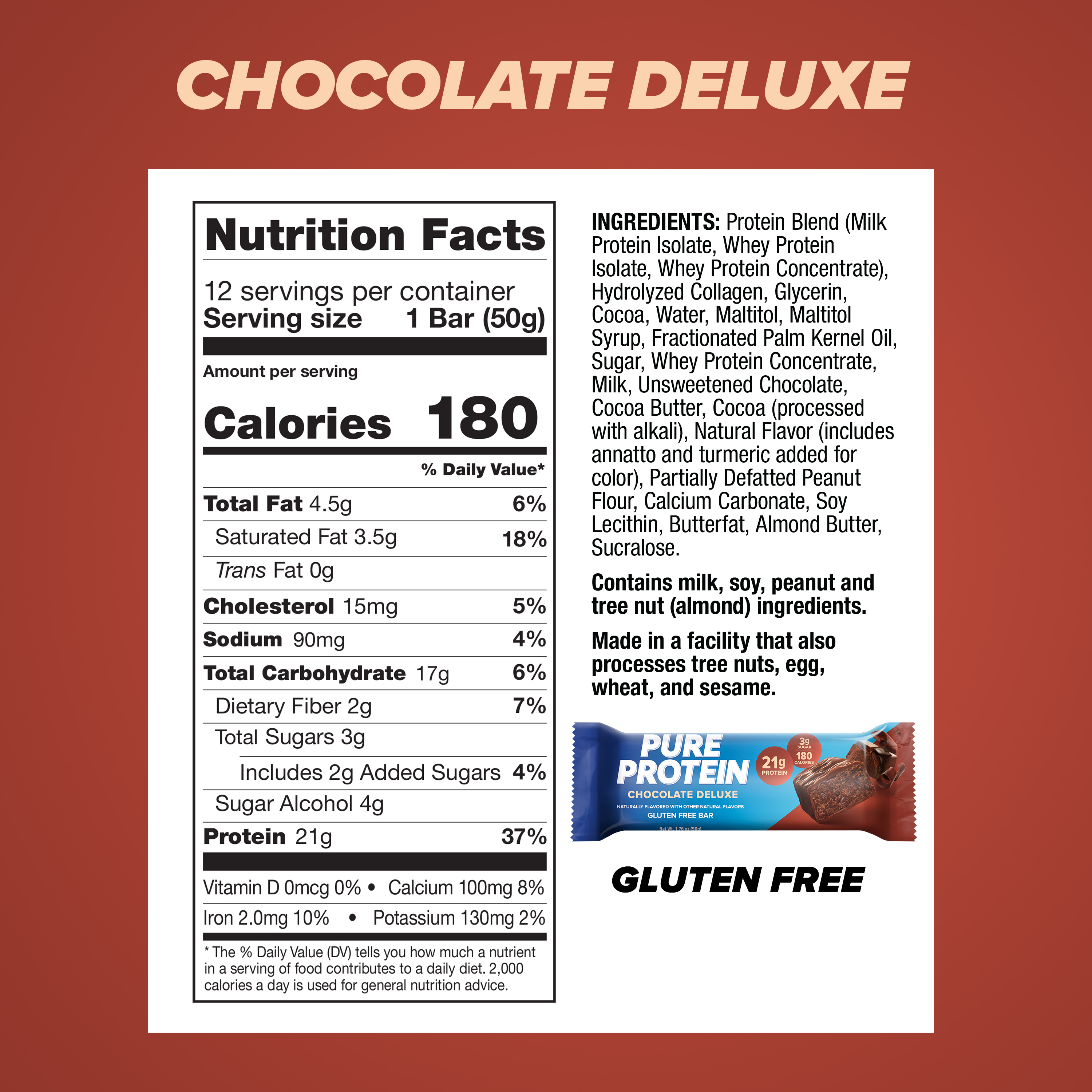 Pure Protein Bar, Chocolate Deluxe, 21g Protein, Gluten Free, 1.76 oz, 12 Ct - image 3 of 3
