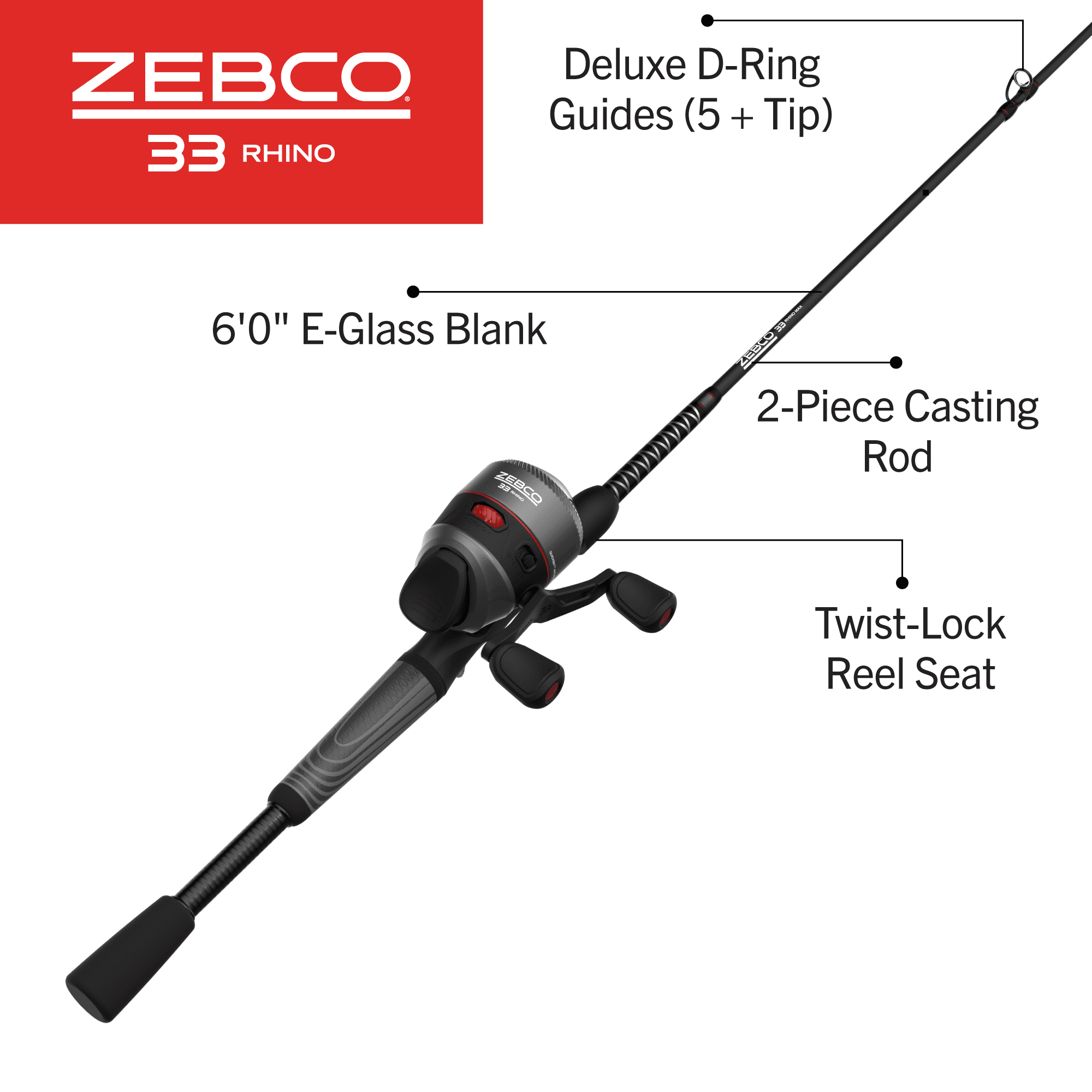 Zebco 33 Rhino Spincast Reel and Fishing Rod Combo, 6-Foot Rod, Size 30  Reel, Gray/Black