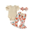 thumbnail image 1 of Wassery Infant Baby Girls Clothes Solid Color Knit Rib Short Sleeve Romper Crew Neck Jumpsuits Daisy/Flower Print Flare Pants Headband 3Pcs Summer Set 0-18M, 1 of 8