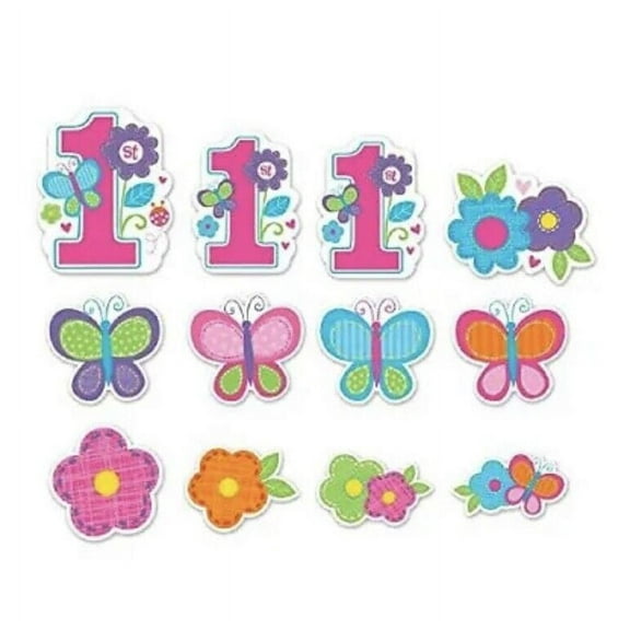 Flowers and Butterflies Girl s 1st Birthday Party Value Pack Cutouts, 12 Pieces, Made from Paper, Pink, 7", 9", 11" by Amscan