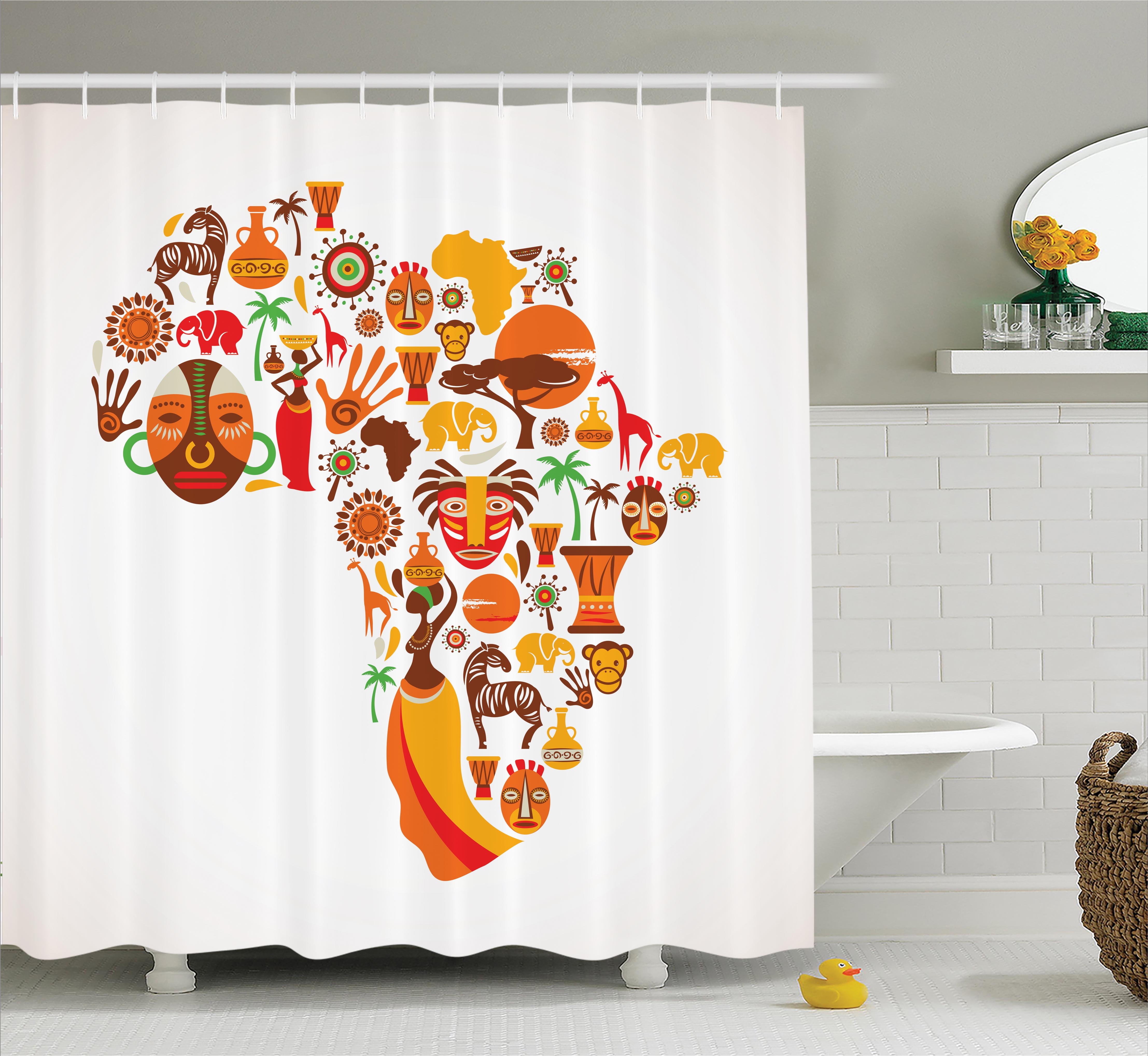 African Shower Curtain Set, African Map with Different Famous Icons