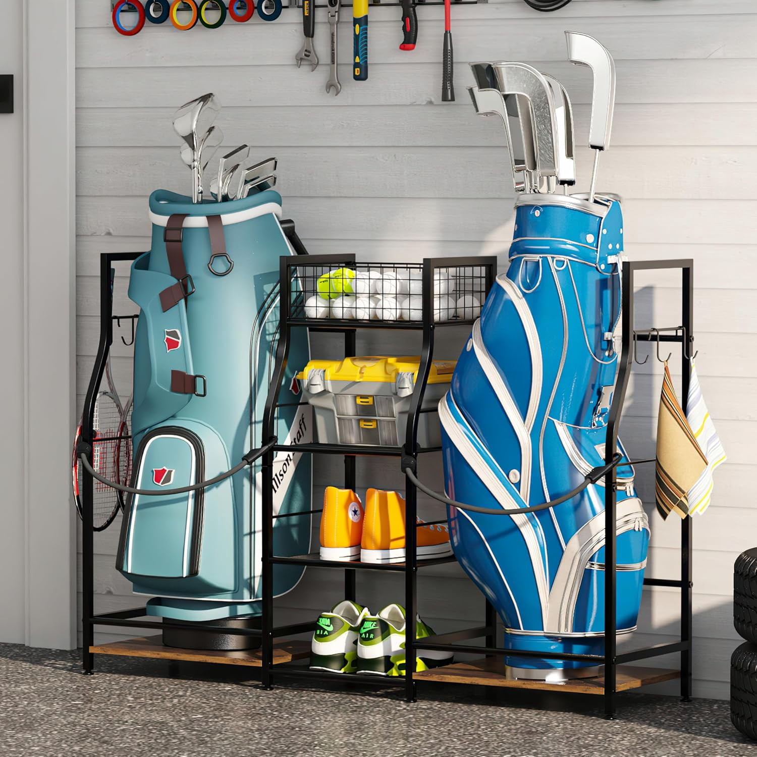 X-COSRACK Golf Bag Storage Organizer for Garage, Fits 2 Bags, Heavy-Duty Metal & Wood Equipment Stand with 3-Tier Shelves, Black