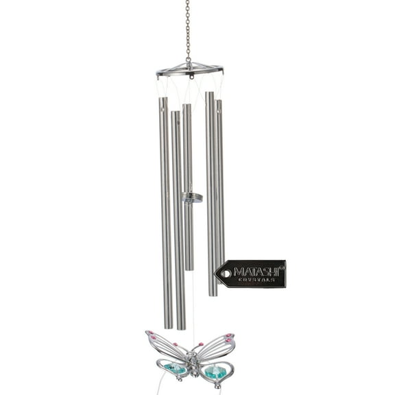 Matashi Chrome Plated Silver Butterfly Wind Chime with Crystals Indoor Outdoor Decorative Hanging Ornament – Single Piece