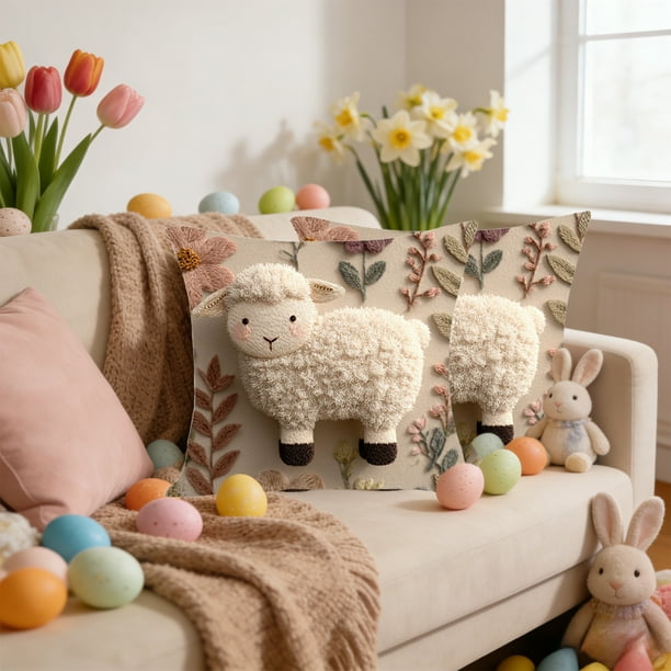 Funda de cojín con diseño de conejo de Pascua | Diseño con bordado falso | Funda de cojín de sofá de poliéster multicolor | Funda de cojín decorativa de 45 x 45 cm