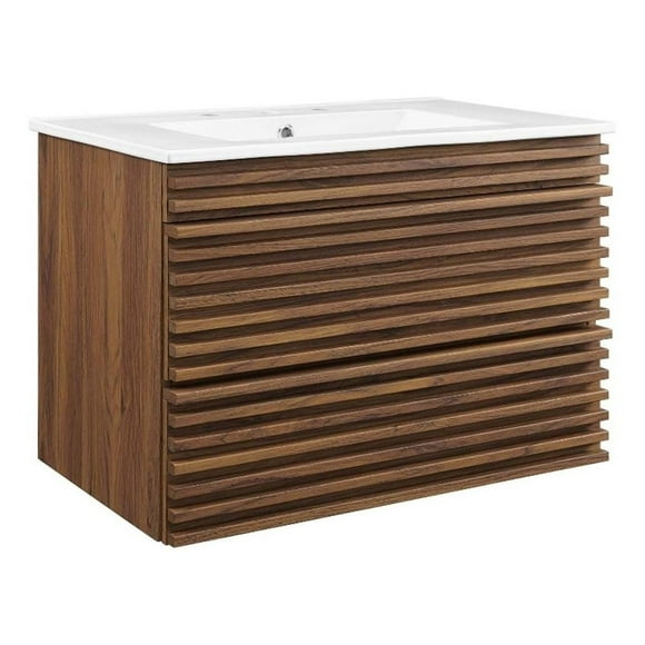 Pemberly Row 30" Modern Wood Wall-Mount Bathroom Vanity in Walnut/White