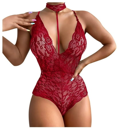 

Women Lace Bodysuit Lingerie Strappy Hollow Out Sheer Nightgown With Halter Neck Exotic Nightwear Note Please Buy One Size Larger