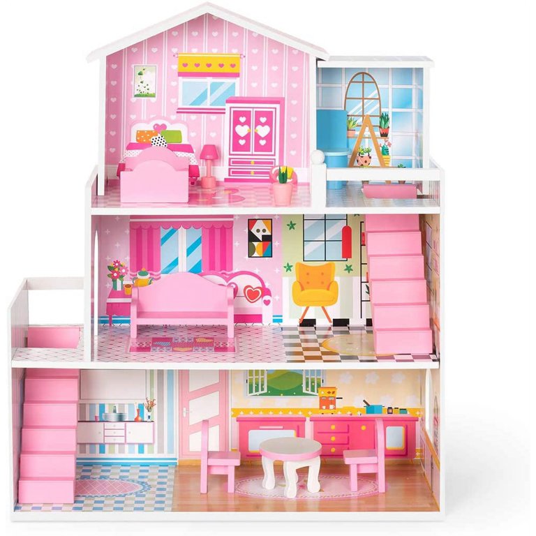 Huluwat Pink Classic Wooden Dollhouse for Toddlers with of