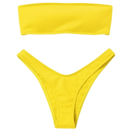 Jdkau Strapless Bikini Sets for Women Two Piece Bandeau Swimsuit Solid Color Ribbed Tube Bikini Sets High Waist Thong Bathing SuitYellow L