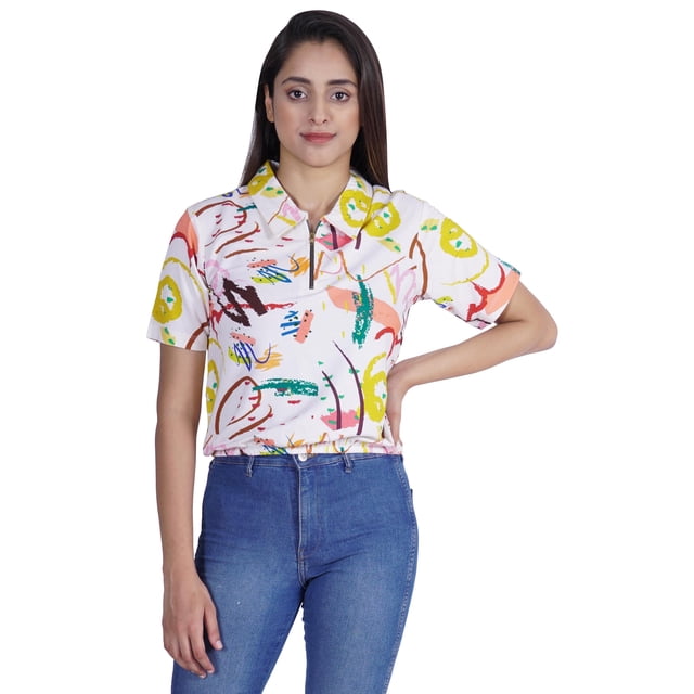 Moomaya Haut Court Imprimé pour Femmes Été Décontracté Col Zippé Tee T-Shirts