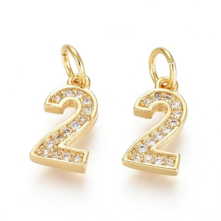 10pcs Brass Micro Pave Clear Cubic Zirconia Charms with Jump Ring Number Real 18K Gold Plated Num.2 11.5x6x2mm Hole: 3mm