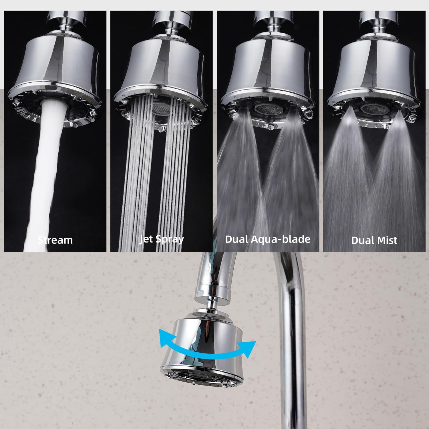 Kitchen Sink Faucet Head with Metal Ball Joint, 360° Swivel Faucet Sprayer Head, Big Angle Sink Faucet Aerator Adapter 55/64-27UNS Female Thread, 4 Spray Modes, Extra Metal Adapters, Chrome