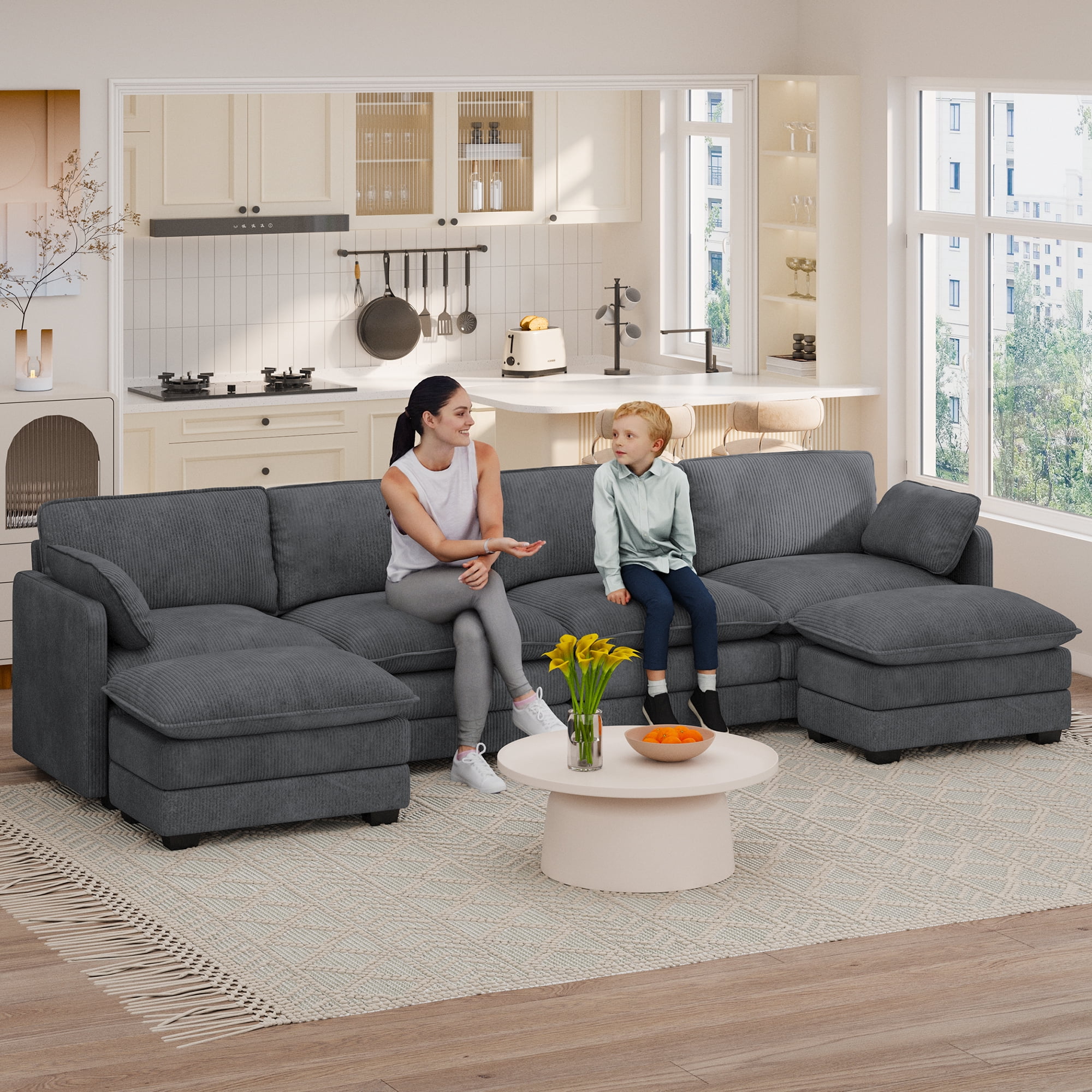 U-Shaped Sectional Couches for Living Room Noelse Cloud Sleeper Sofa with Double Layer Upholstered Seat, Pet-Friendly Fabric Sofa Couches for Living Room Bedroom and Apartment, Gray