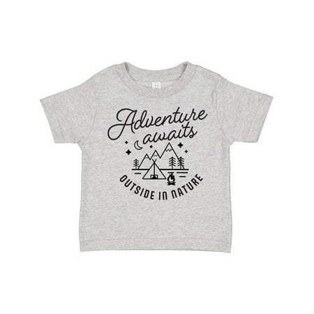 

Inktastic Adventure Awaits Outside in Nature with Tent and Mountains Gift Toddler Boy or Toddler Girl T-Shirt