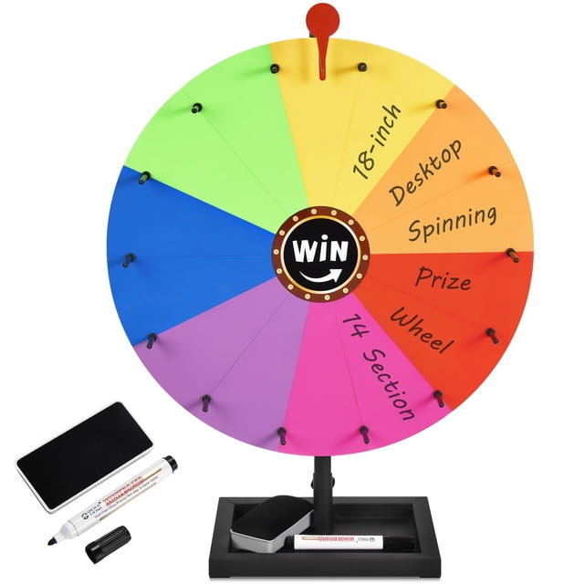 AugFir Roue de Prix de Table de 18 Pouces, Roue de Prix Rotative avec Support et Base de Rangement, Comprenant une Roue de Prix avec 14 Sections de Couleurs Personnalisables. Costume