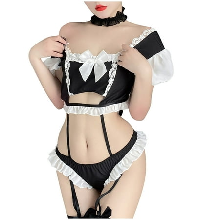 

AnuirheiH Sexy Women Lingerie Maid Outfit Cosplay Bow Hollow Out Perspective Temptation Uniform Babydoll Underwear Sleepwear Suit On Sale