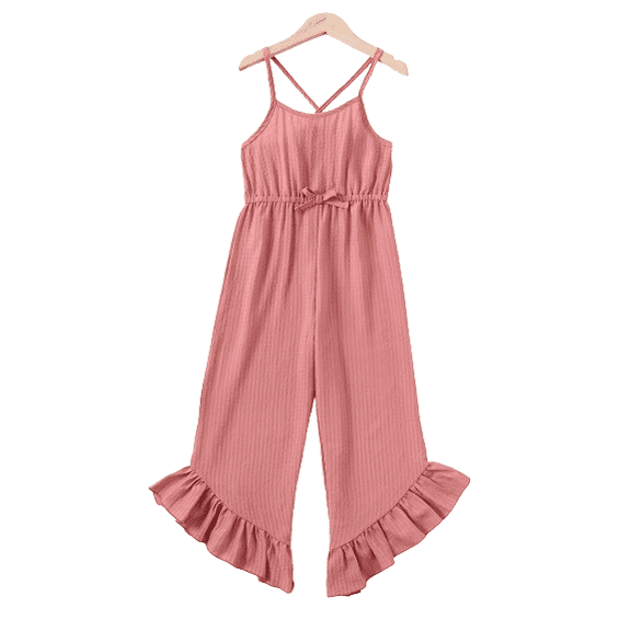 Mikrdoo 11-12 Years Kid Girls Jumpsuits 100% Polyester Straps Summer Solid Color Wide Leg Jumpsuit Overall Pink 8Y-12Y