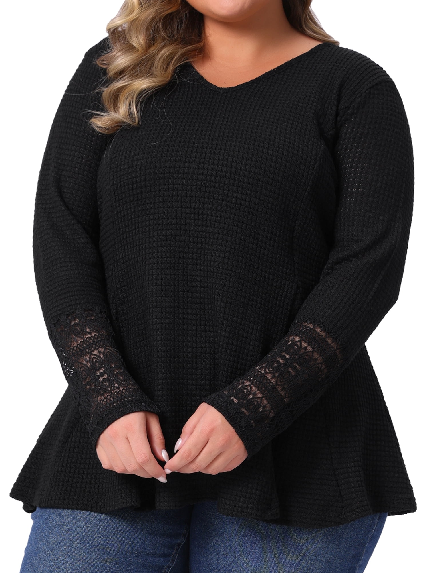 DARING DIVA Women's Plus Waffle Knit Tops V Neck Lace Patchwork Blouse 3X Black