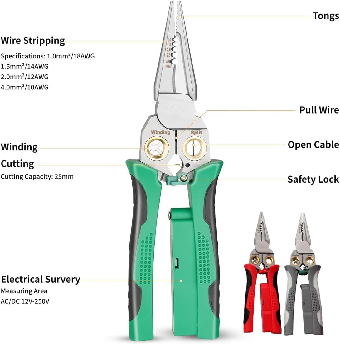 Outdoorfun 8 in 1 Wire Stripper Twister for Cutting and Pulling Wires Cable Scissors, Voltage Tester, Pinzas De Electricidad, Multi-function Electric Wire Stripping Tool