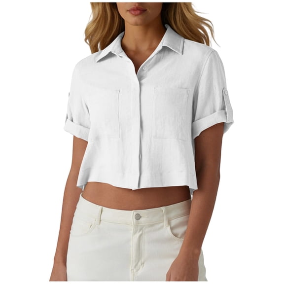TEAJOPSUU Womens Cotton Tops Breathable Short Sleeve Collared Cropped Shirts Casual Solid Lapel Blouses Shirts with Chest Pocket White