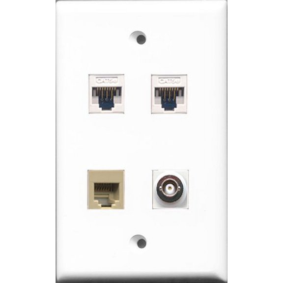 RiteAV - 1 Port Phone RJ11 RJ12 Beige and 1 Port BNC 2 Port Cat5e Ethernet White Wall Plate