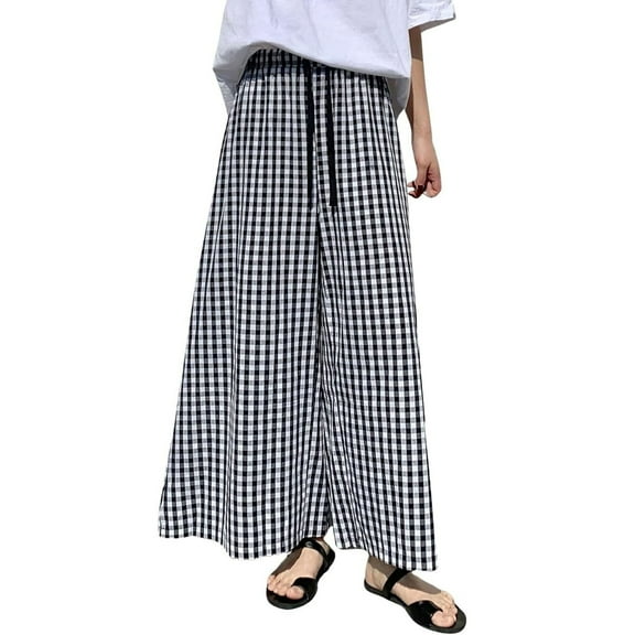 VISALY Palazzo Pants for Women, Palazzo, Casual Trousers Women's Plaid Wide Leg Culotte Pants Gingham High Elastic Waisted Cropped Palazzo Pants with Pockets, 1 Pack Pants for Women (Black, L)