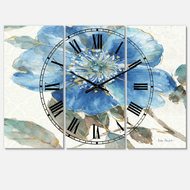 Designart 'Indigold Aquarelle Fleur I Horloge Murale Multipanel Traditionnelle