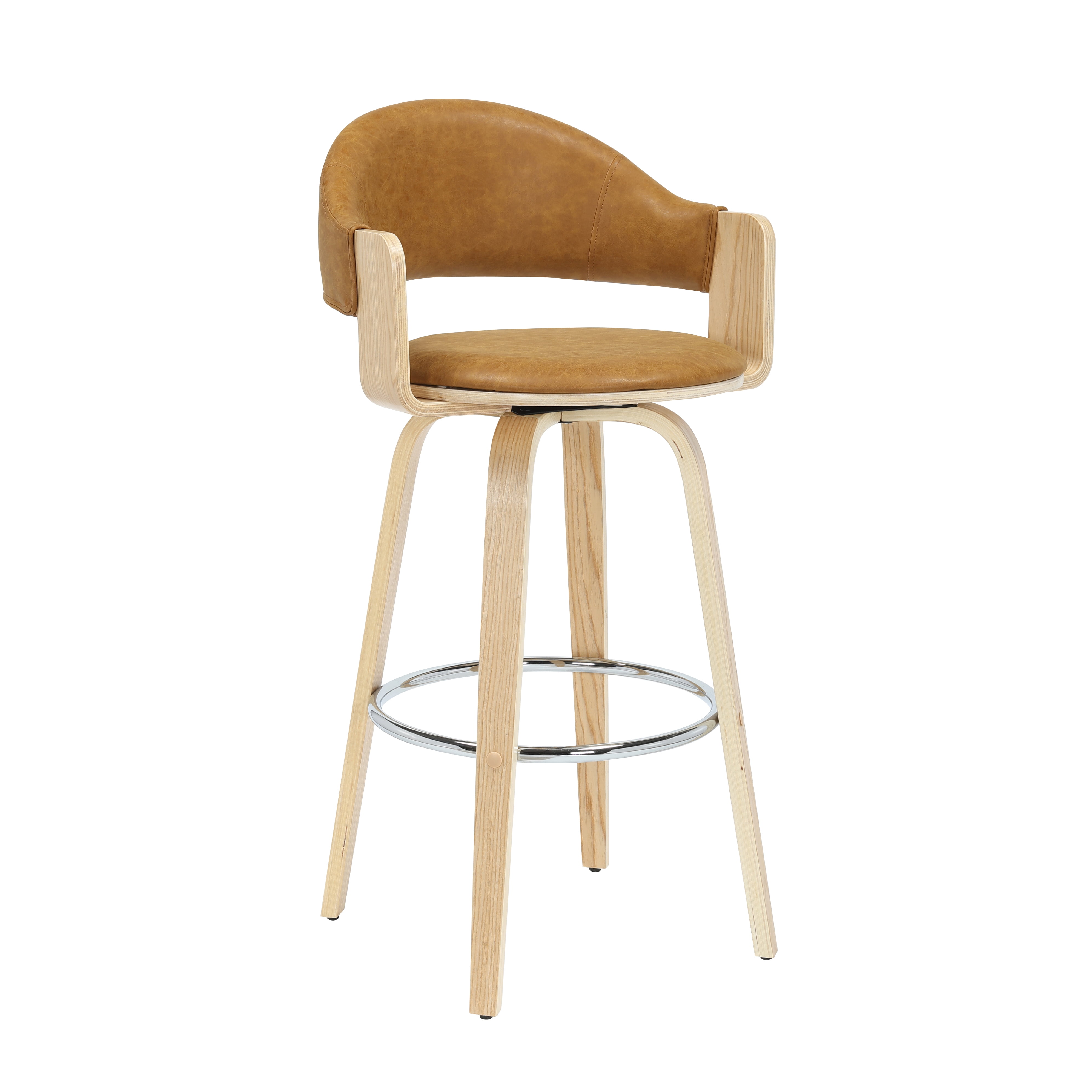 Daxton 40 in. H Swivel Bar Height Camel Round Back Wood Bar Stool with Faux Leather Seat Set of 3
