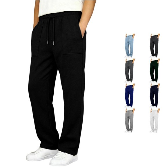 Krdevn Boys Solid Drawstring Open Hem Sweatpants Fall Winter Loose Straight Jogger Pants with Patch Pockets 5-6 Years,Black