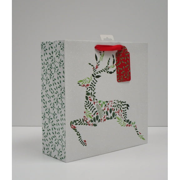 Large White and Green Botanical Reindeer Christmas Paper Gift Bag, 12" x 4.5" x 12", by Holiday Time