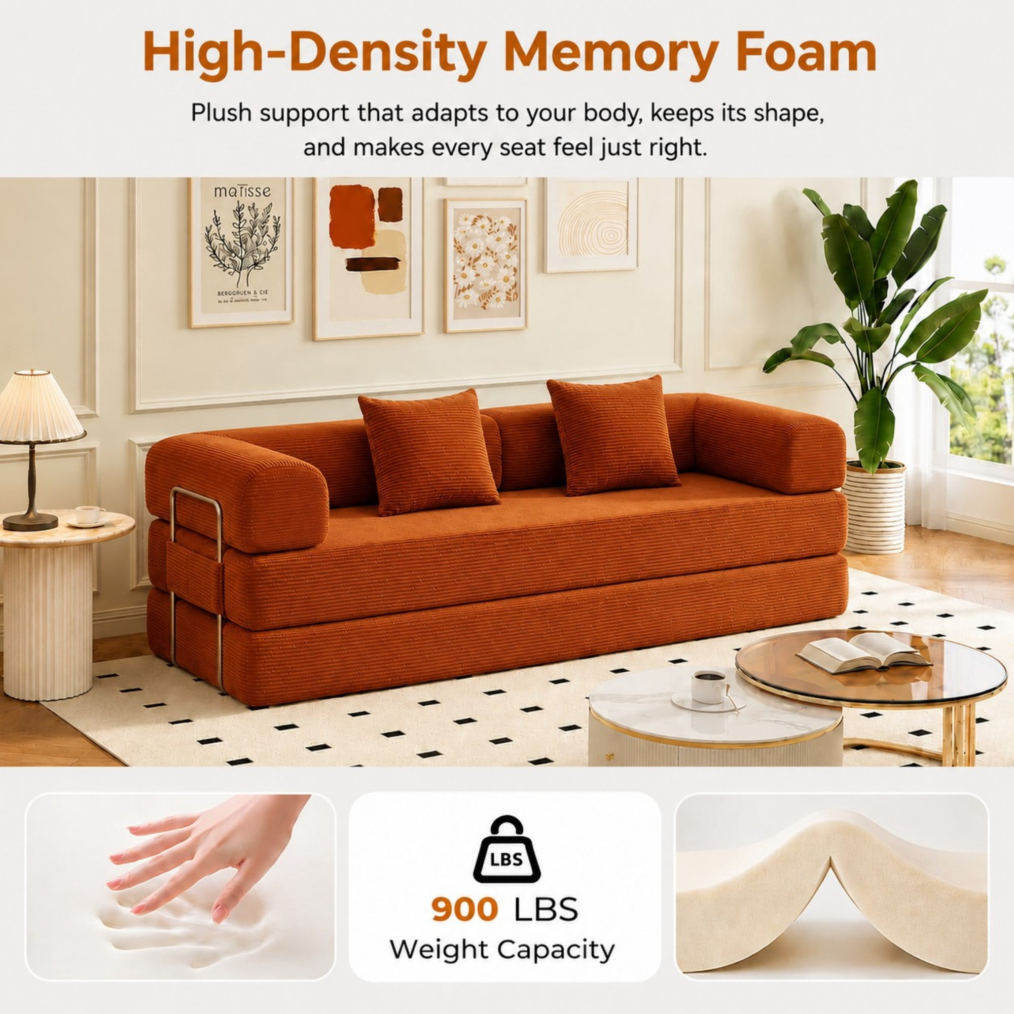 DEALTOPS 79" Convertible Corduroy Floor Sofa Bed, Modular Sleeper Couch with Memory Foam, Orange