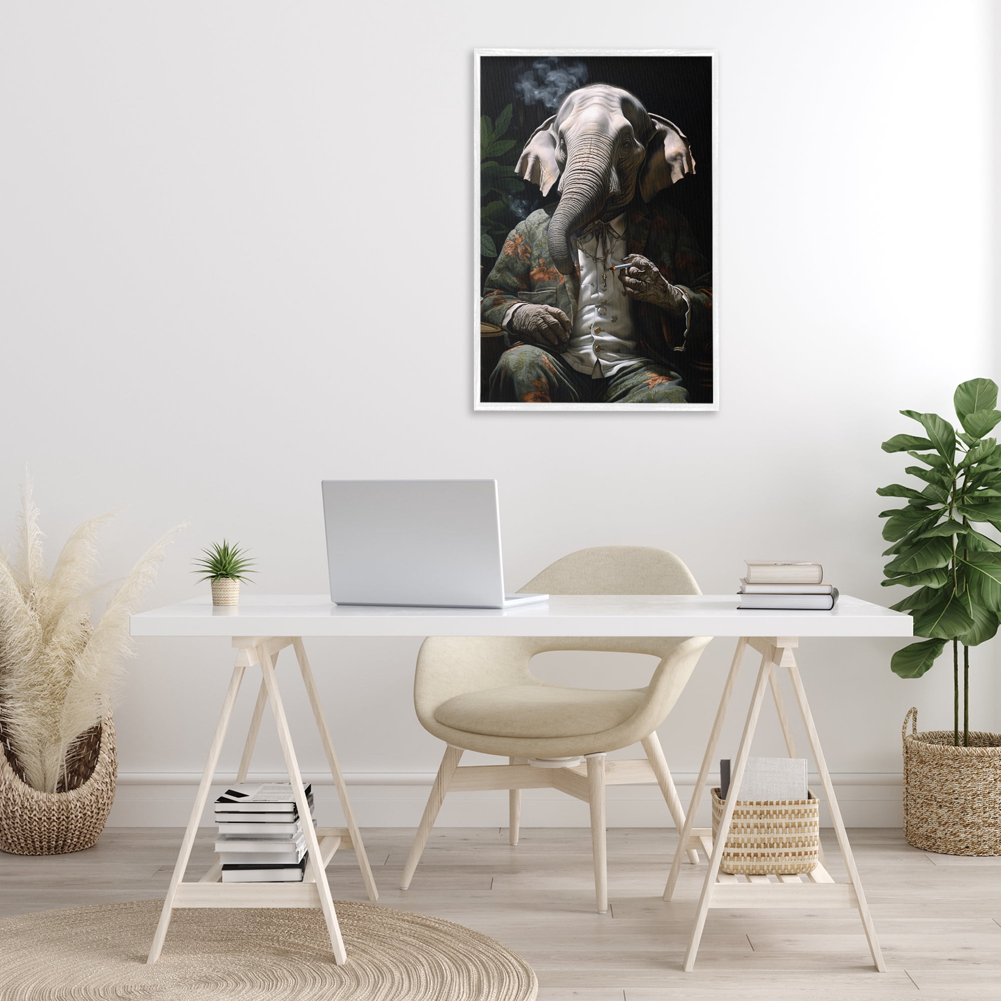 Stupell Industries Elephant Smoking Cigarette Novelty Painting White Framed Art Print Wall Art, 20 x 30