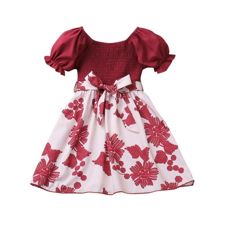 

TAIAOJING Girl s Casual Dress Summer Scoop Neck Short Sleeves Floral Flowy Print Bowknot Sundress Dress Princess Dresses 3-4 Years