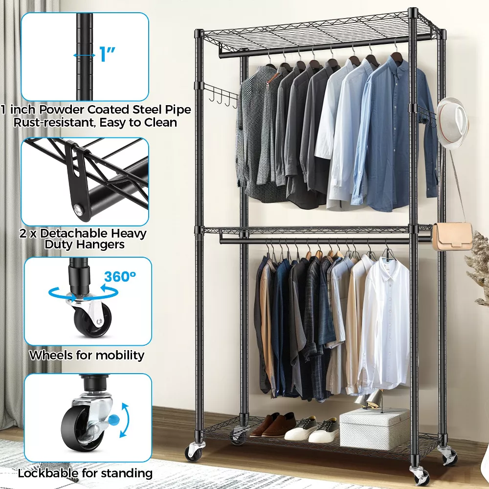 Sailvan Heavy Duty Clothing Rack with 3 Tier Adjustable Shelves, Double Rod Rolling Garment Rack, Small Space Freestanding Closet Wardrobe 16.54"D x 23.62"W x 80.71"H,White