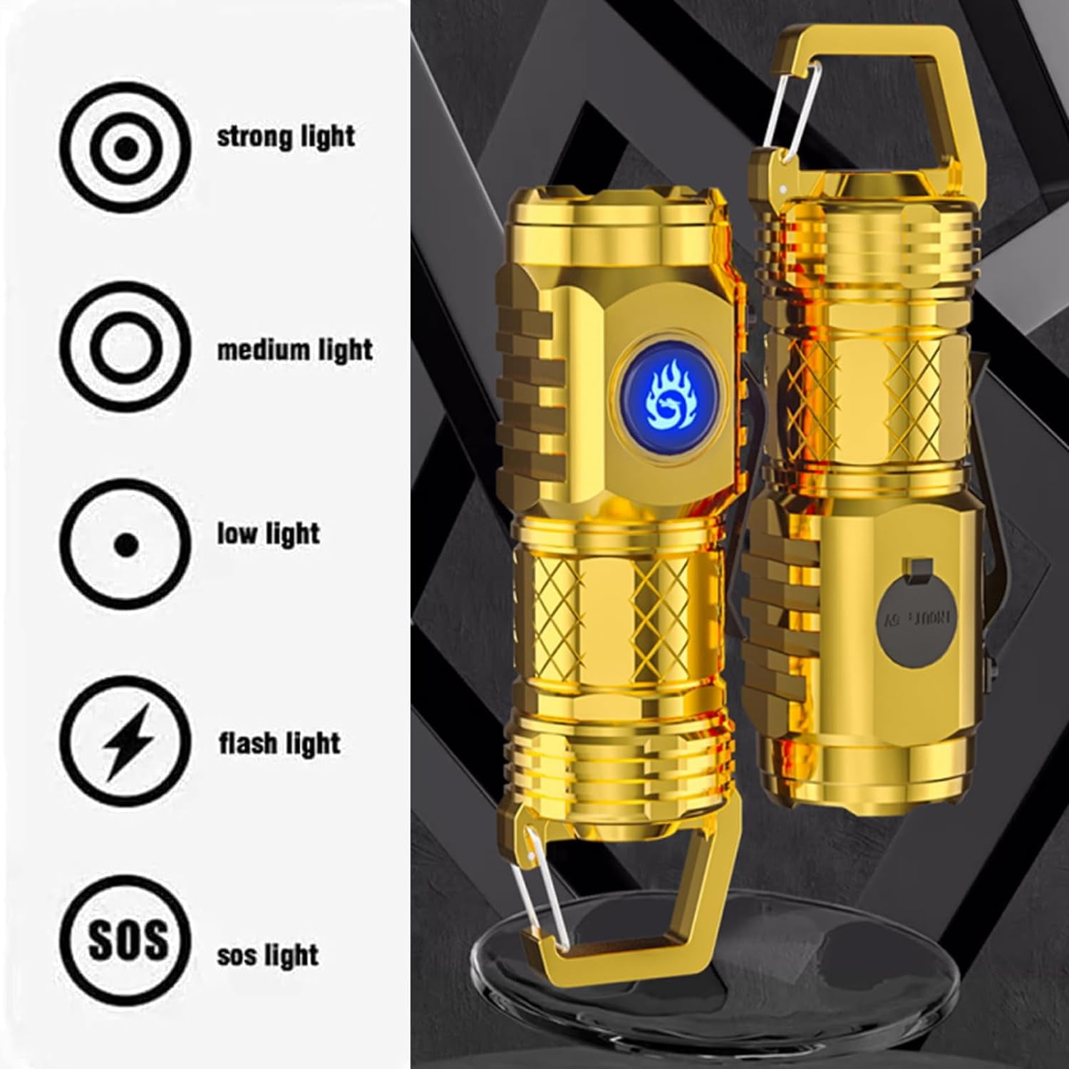 German Three-Eyed Monster Mini Flashlight Thumb Flashlight, Mini Flash Super Power Flashlight, Multi-Functional Mini Pen Clip Flashlight Light Steel High Lumen Rechargeable Waterproof (Gold)