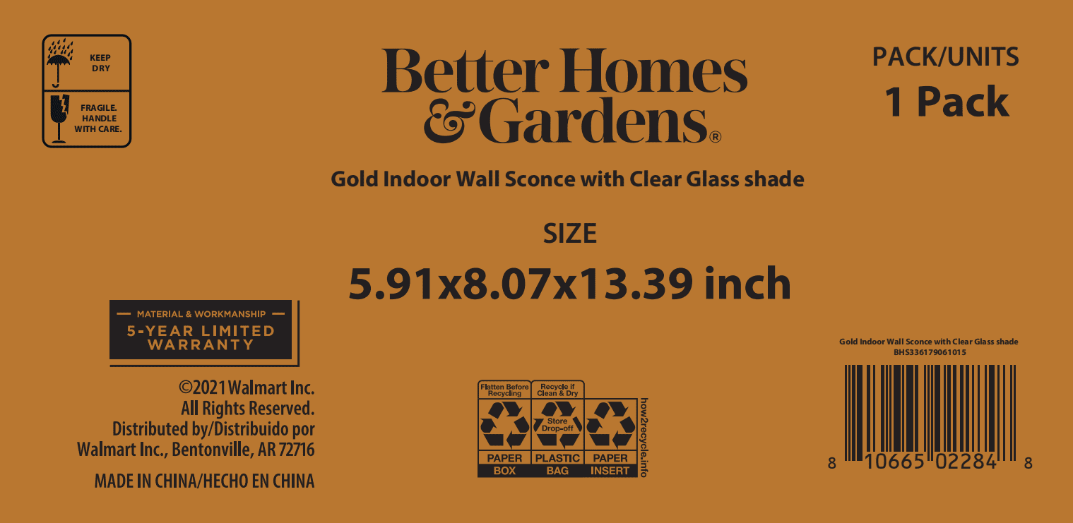 Better Homes & Gardens Dome Indoor Wall Sconce Burnished Brass, A15 4W Soft White, Medium Base, Dimmable, 1 pack