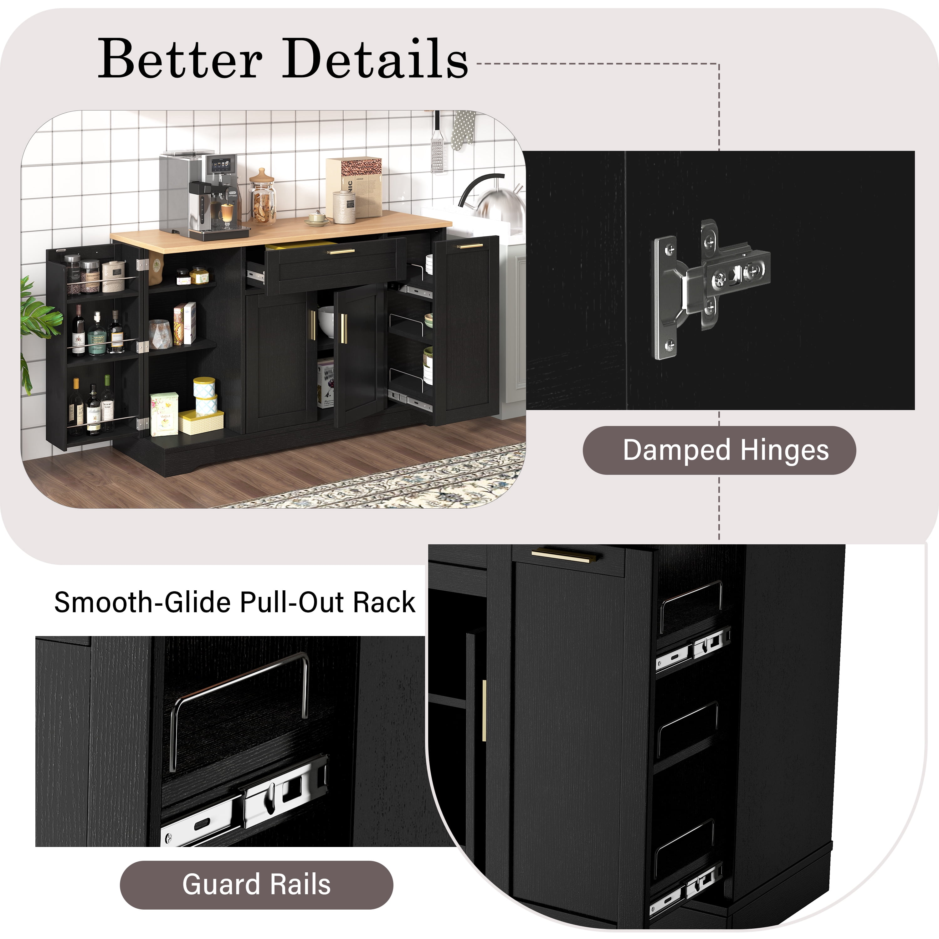 Euroco Multi-Functional Sideboard Buffet Cabinet with Storage,53.7" Extendable Dining Table with Adjustable Shelves,Drawers & 3-Tier Pull-Out Rack,Wooden Coffee Bar Cabinet for Kitchen Living Room
